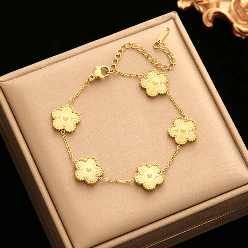 Five Clover Necklace Bracelet Earrings 18K Gold Plated Jewelry Set