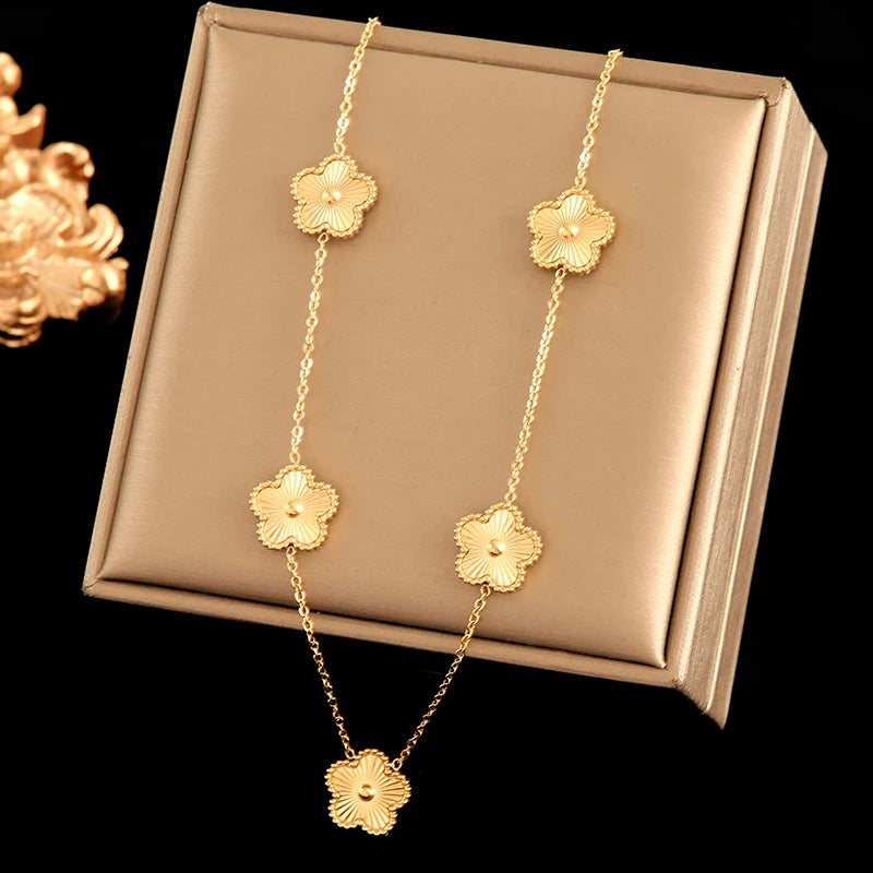Five Clover Necklace Bracelet Earrings 18K Gold Plated Jewelry Set