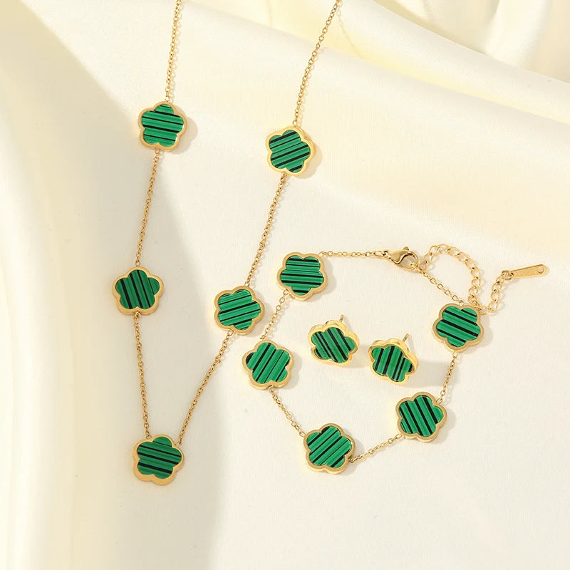 Five Clover Necklace Bracelet Earrings 18K Gold Plated Jewelry Set