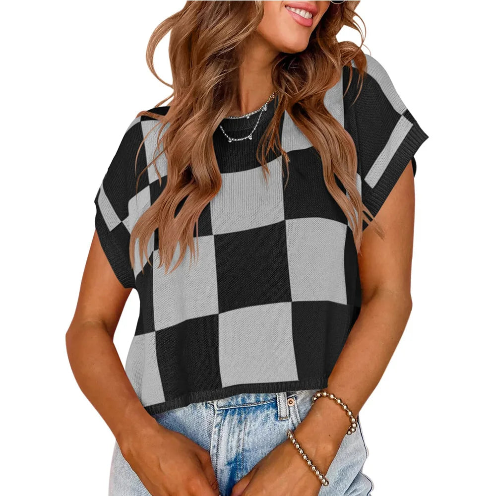 Color Block Checkerboard Knit Crop