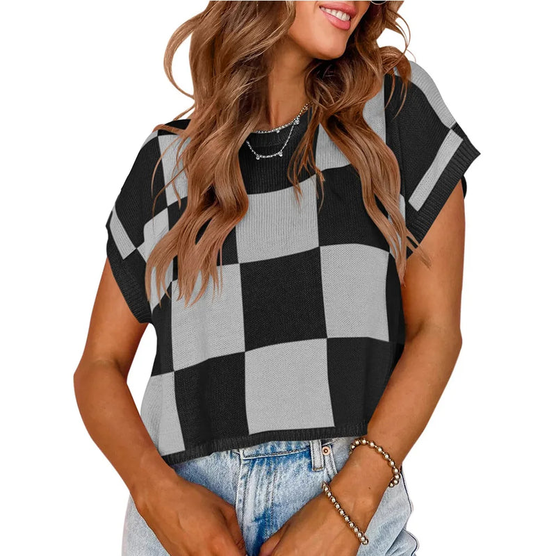 Color Block Checkerboard Knit Crop