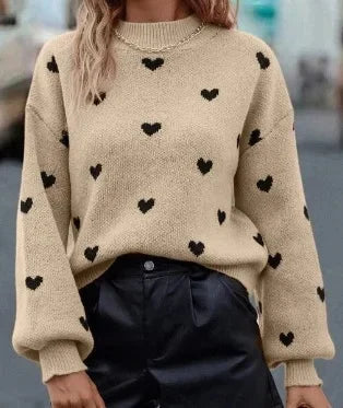 Women’s Heart Print Round Neck Sweater