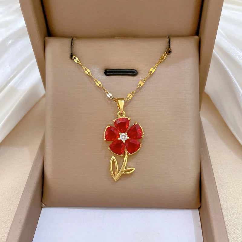 Red Crystal Flower Pendant Necklace – Stainless Steel