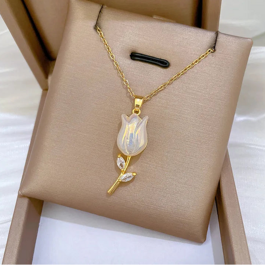Rose Flower Pendant Necklace Stainless Steel