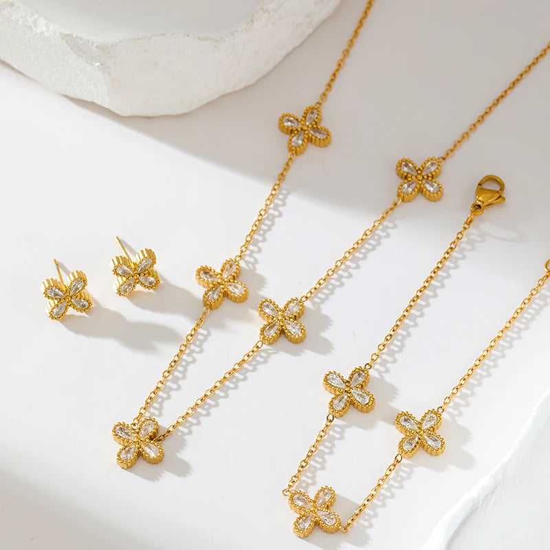 Gold-Tone Flower Zirconia Jewelry Set  Waterproof Stainless Steel