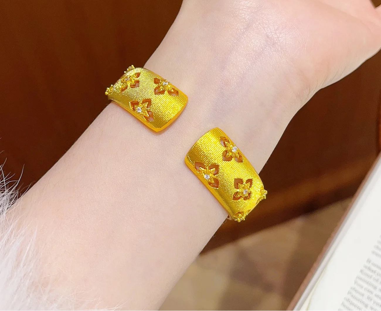 24K Gold Filled Clover Cuff Bangle Bracelet for Women Lucky Hollow Design Zircon