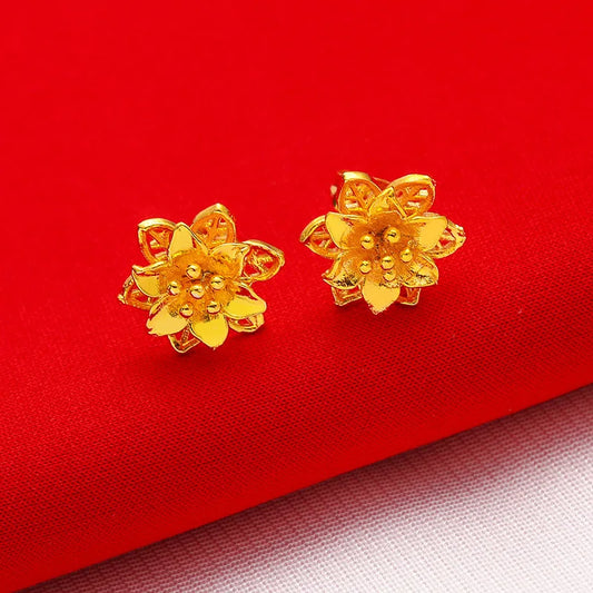 24K Gold Flower Euro  Coin Stud Earrings Vintage