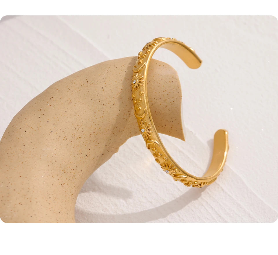 Vintage Gold Moon Star Sun Cuff Waterproof Stainless Steel Bangle