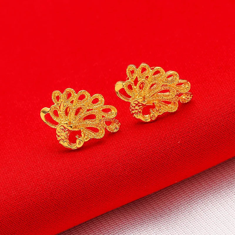 24K Gold Flower Euro  Coin Stud Earrings Vintage