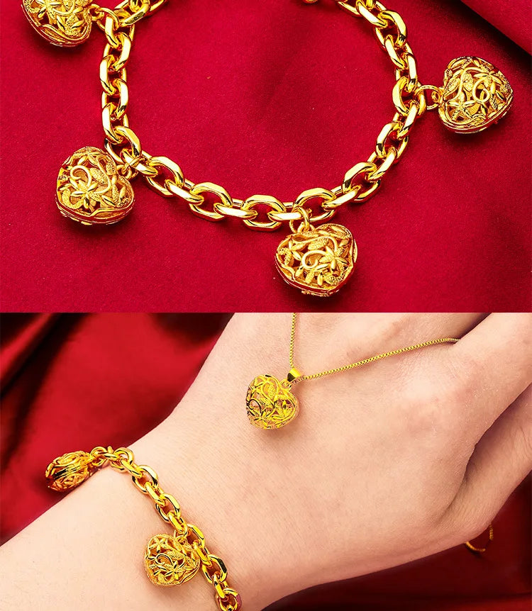 24K Gold Hollow Love Vintage Necklace Bracelet & Ring