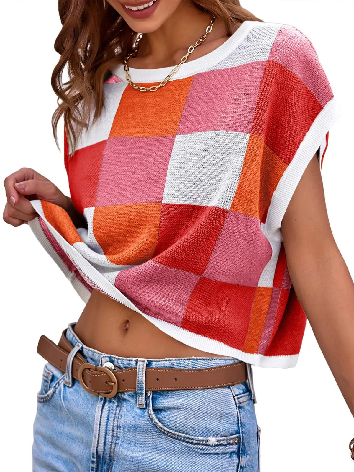 Color Block Checkerboard Knit Crop