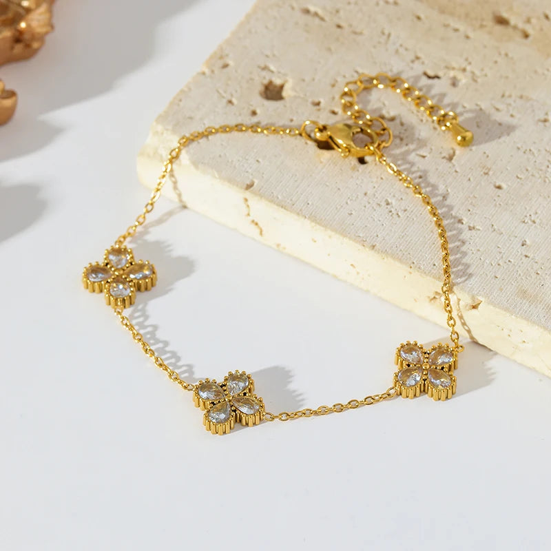 Gold-Tone Flower Zirconia Jewelry Set  Waterproof Stainless Steel