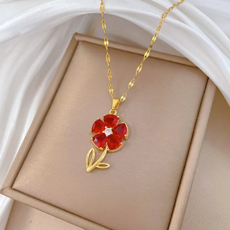 Red Crystal Flower Pendant Necklace – Stainless Steel