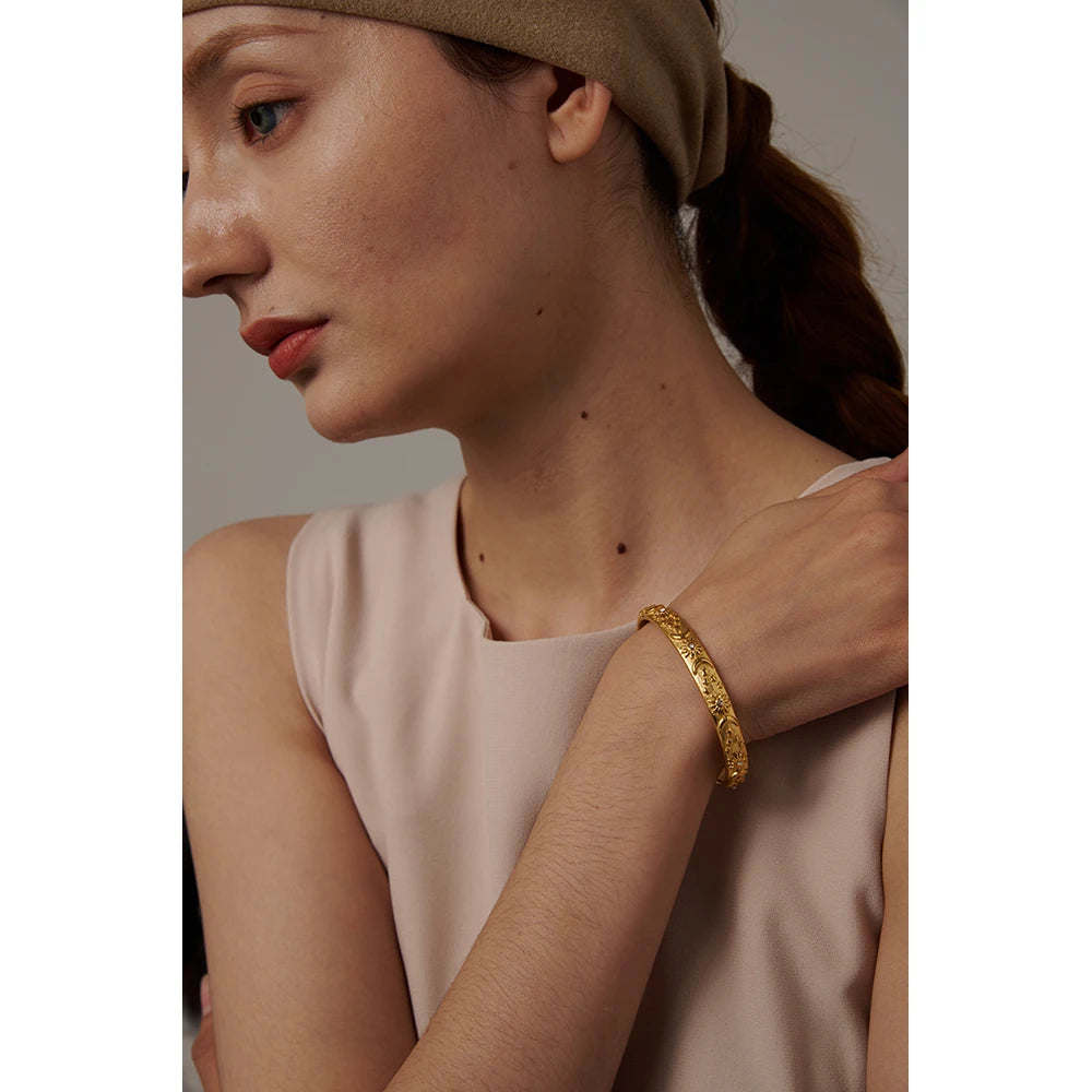Vintage Gold Moon Star Sun Cuff Waterproof Stainless Steel Bangle
