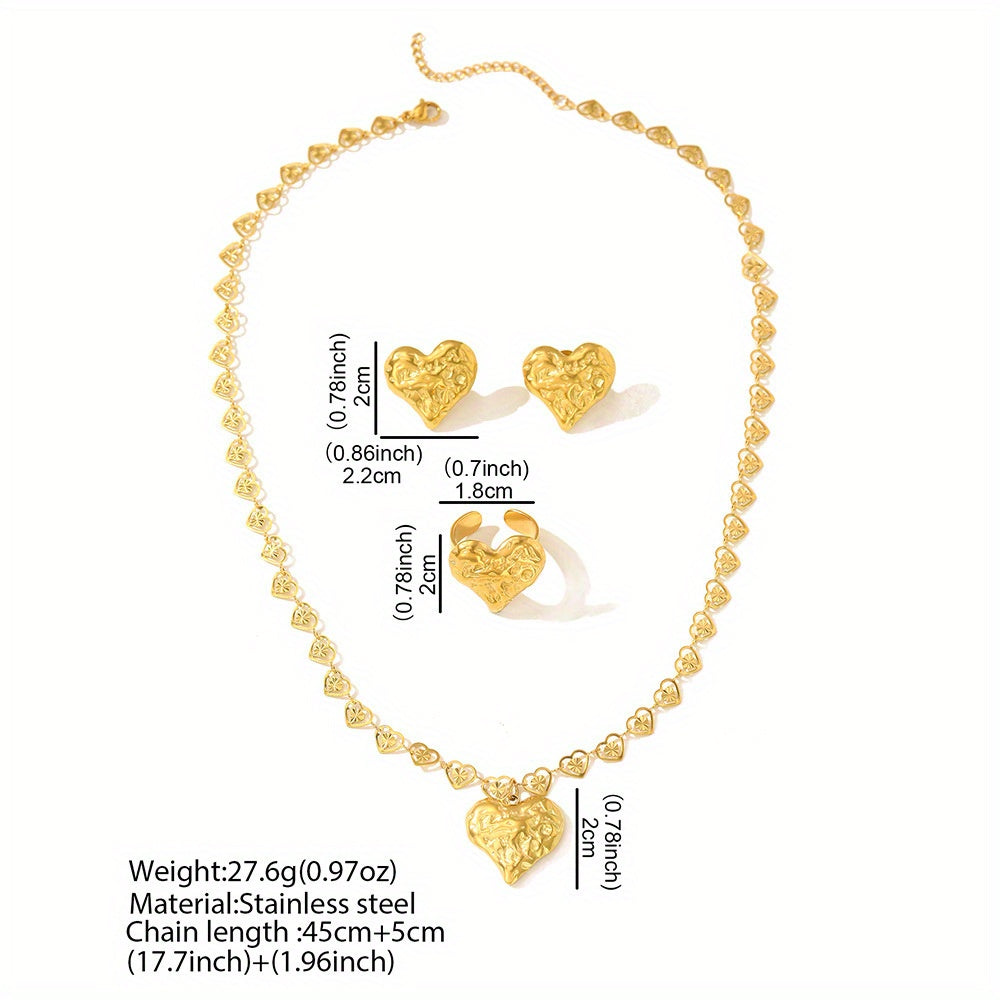 18K Gold Plated Stainless Steel Heart Jewelry Set – Earrings, Ring & Necklace