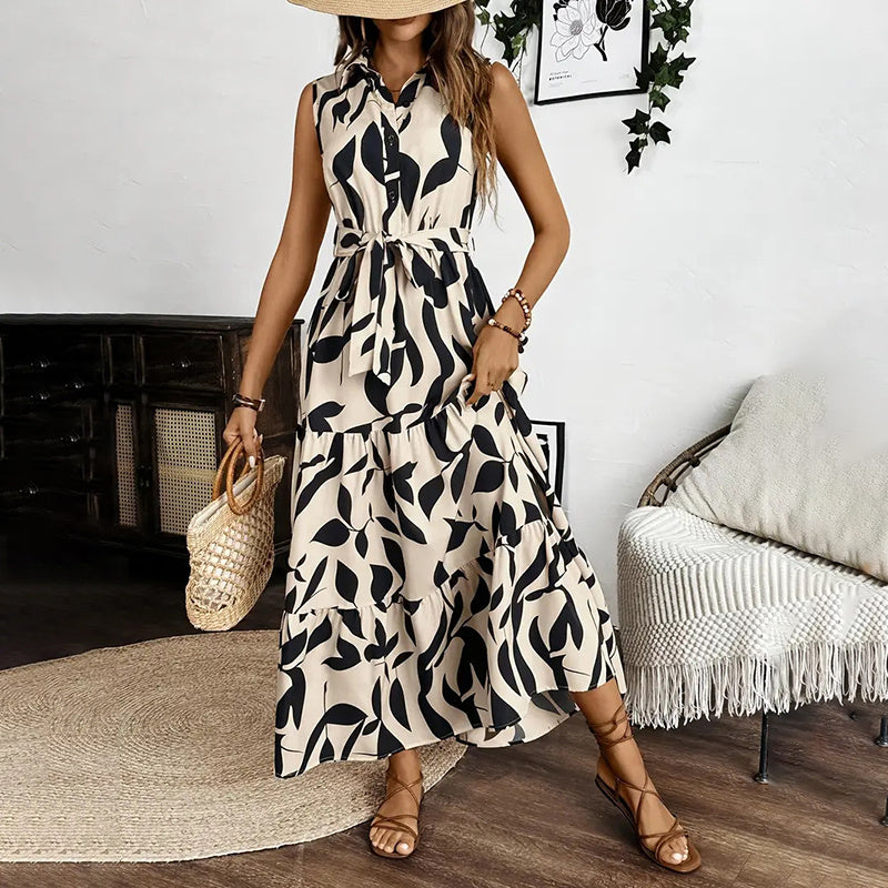 Infinity Beautiful Boho Breeze Maxi – Sleeveless Floral Dress with V-Neck, Button Front & Belted Waist