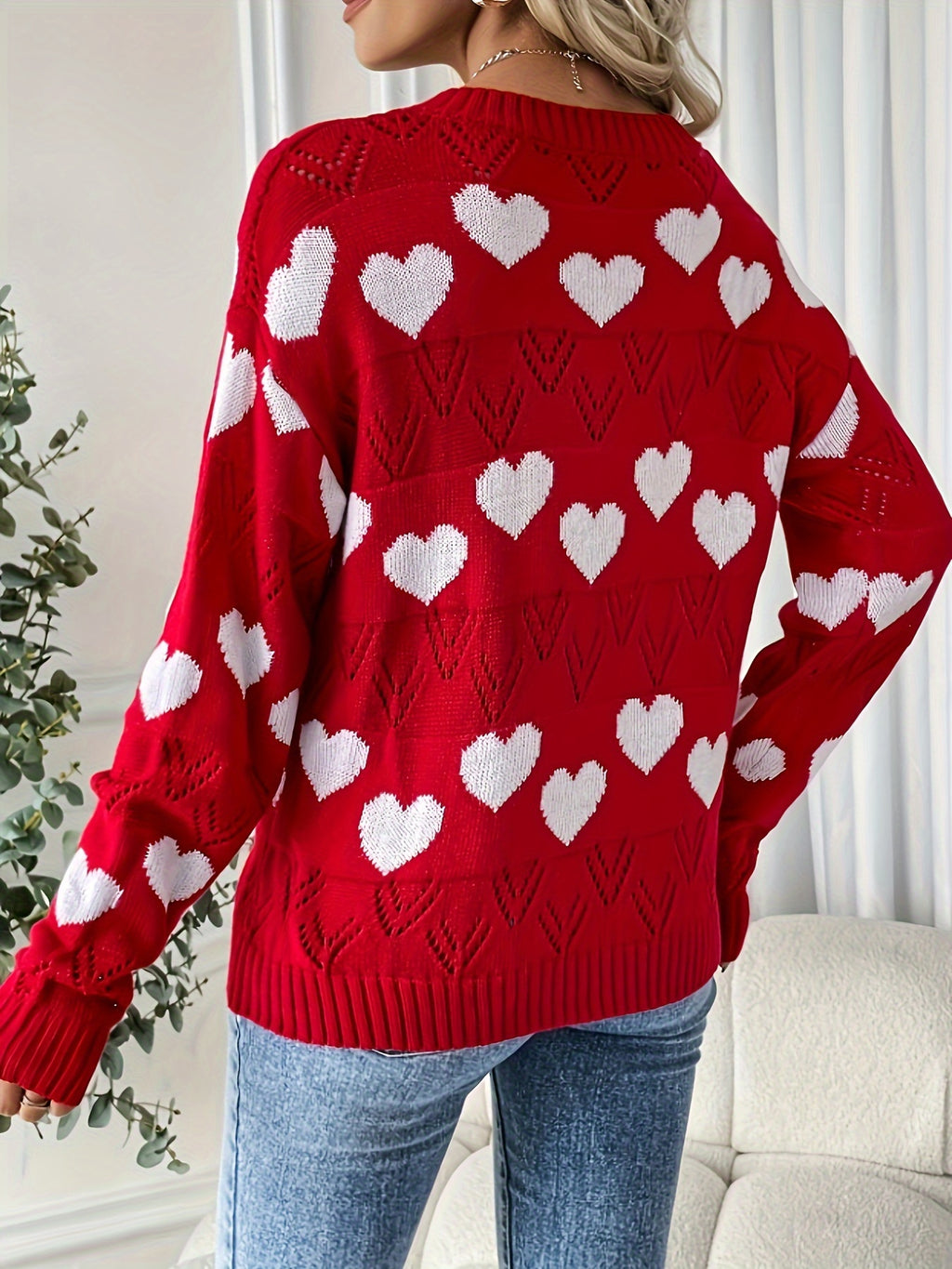 Heart Print V-Neck Long Sleeve Sweater