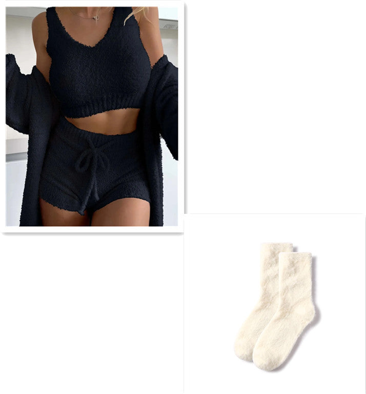Infinity Beautiful 3-Piece Thermal Lounge Set – Fluffy Coat, Spaghetti Strap Top & Shorts - Infinity Beautiful Boutique