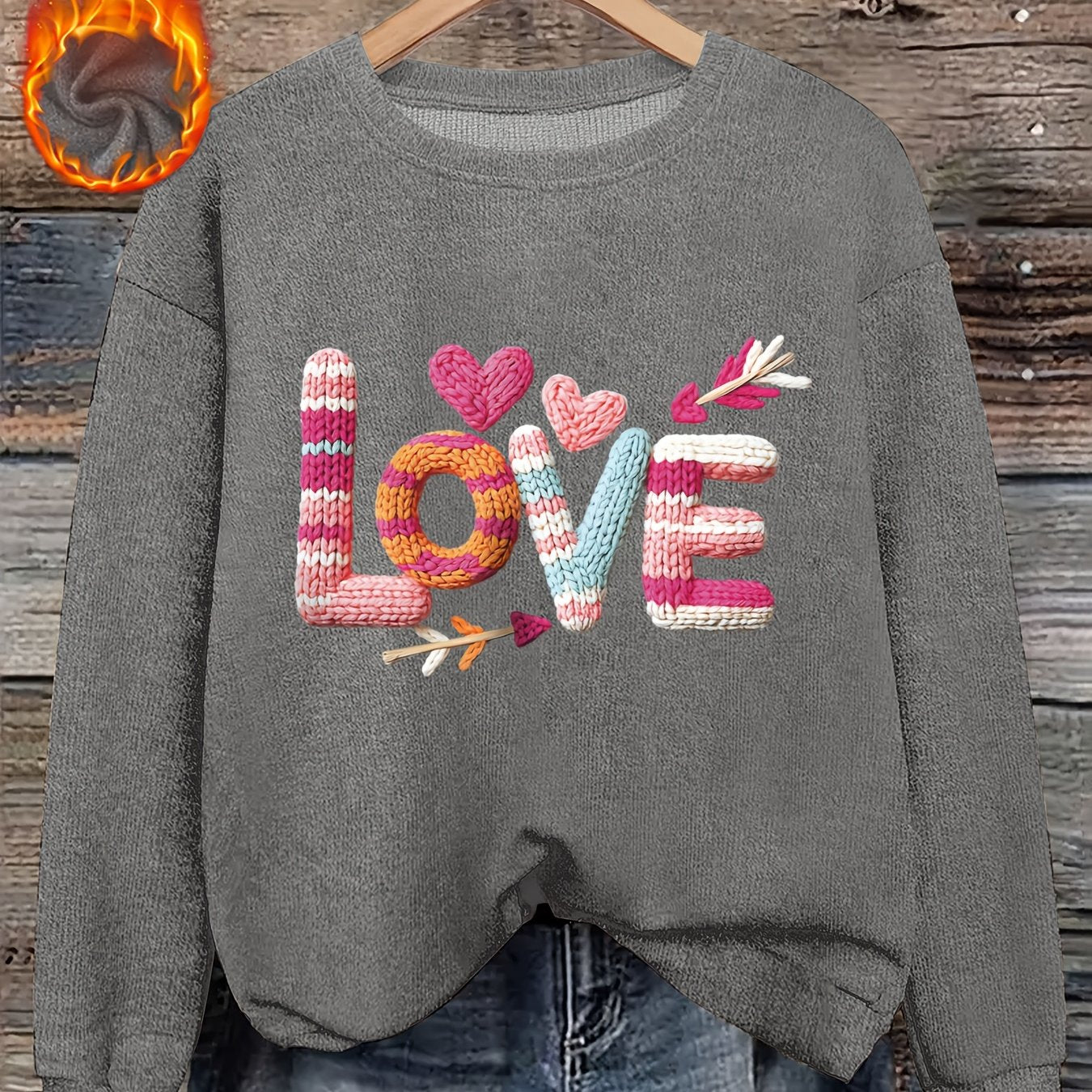 Women’s Heart Print Faux Fur Crew Neck Sweater