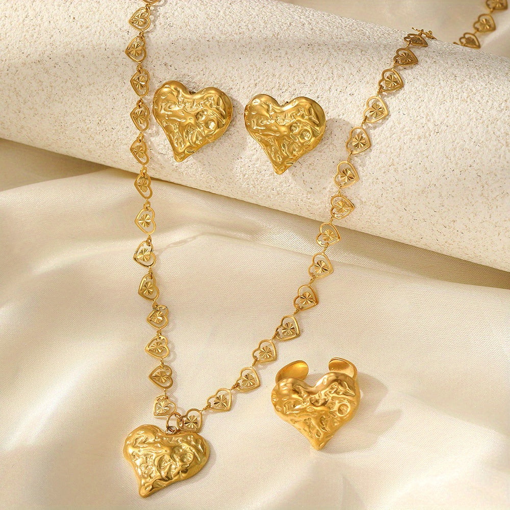 18K Gold Plated Stainless Steel Heart Jewelry Set – Earrings, Ring & Necklace
