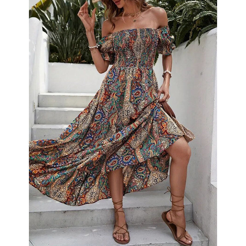 Women's Off The Shoulder Dresses Boho Flowy Smocked Maxi Sundress Beach Vacation Summer Dress - Infinity Beautiful Boutique