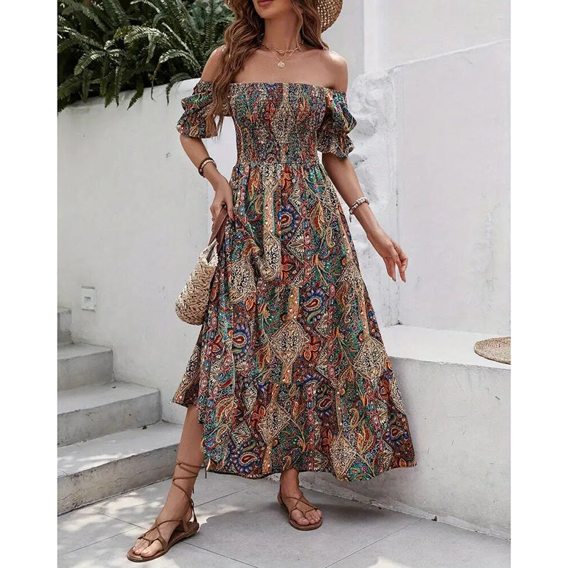Women's Off The Shoulder Dresses Boho Flowy Smocked Maxi Sundress Beach Vacation Summer Dress - Infinity Beautiful Boutique