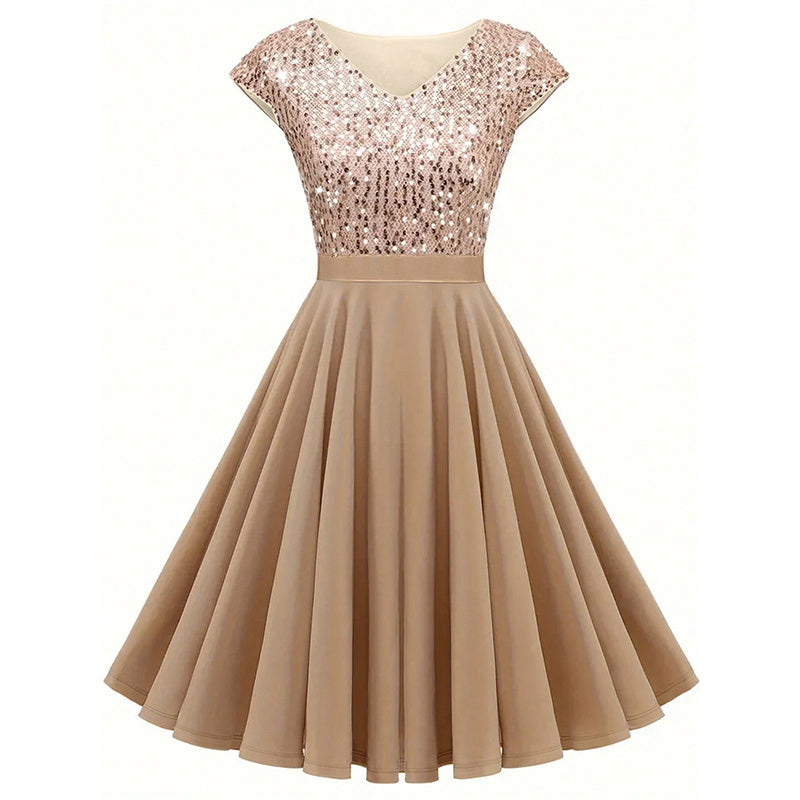 Infinity Beautiful Sparkle Night Dress – V-Neck Sequin Style with Cap Sleeves and Pleated Skirt