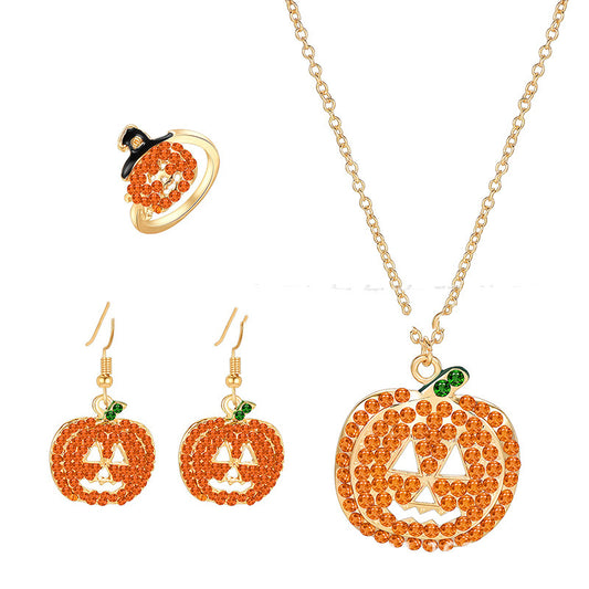 Skull Pumpkin Earrings Necklace Ring Jewelry Set
