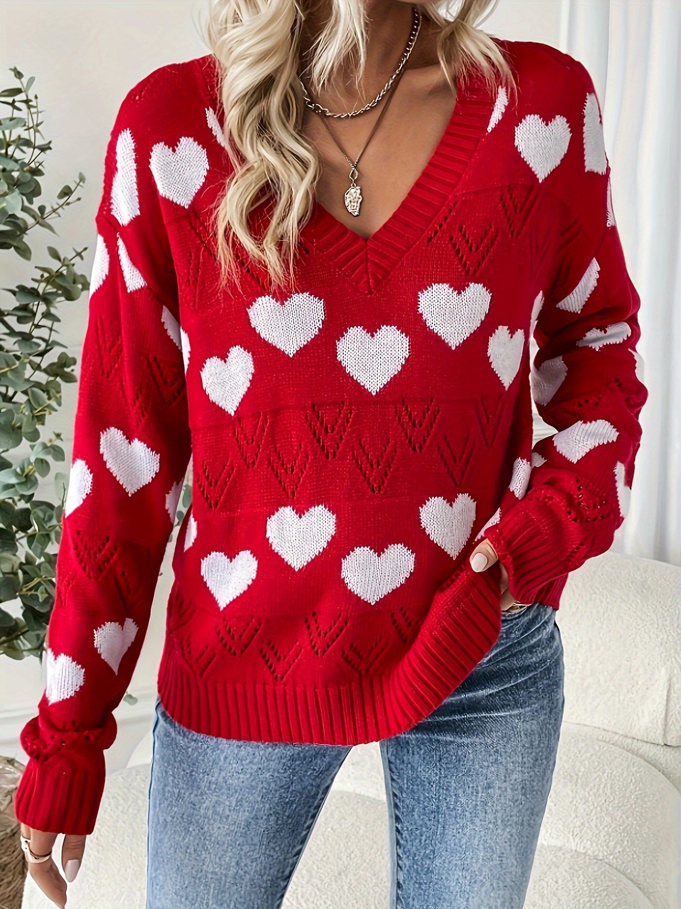 Heart Print V-Neck Long Sleeve Sweater