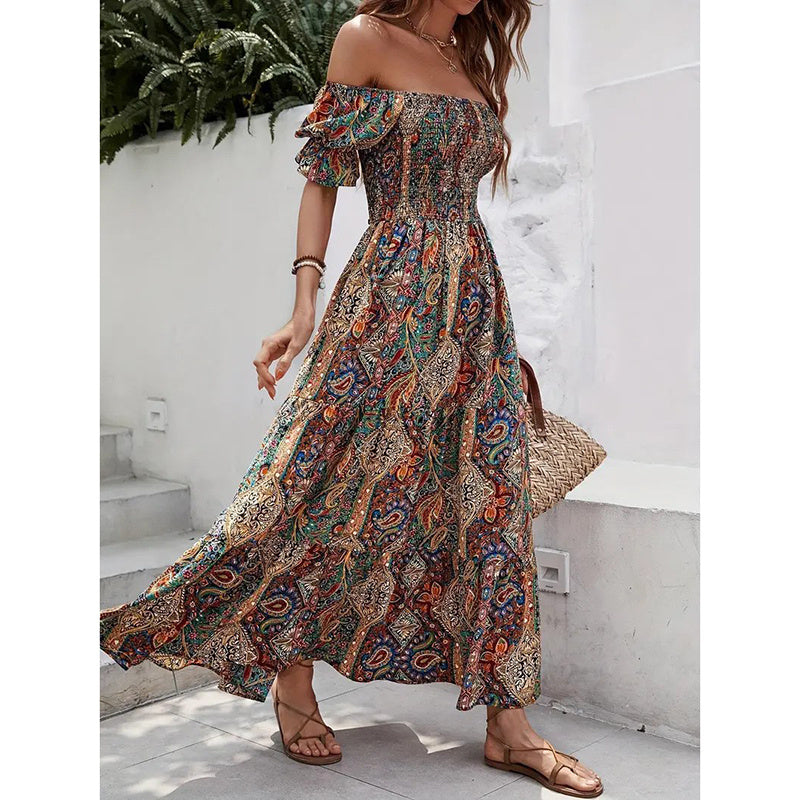 Women's Off The Shoulder Dresses Boho Flowy Smocked Maxi Sundress Beach Vacation Summer Dress - Infinity Beautiful Boutique