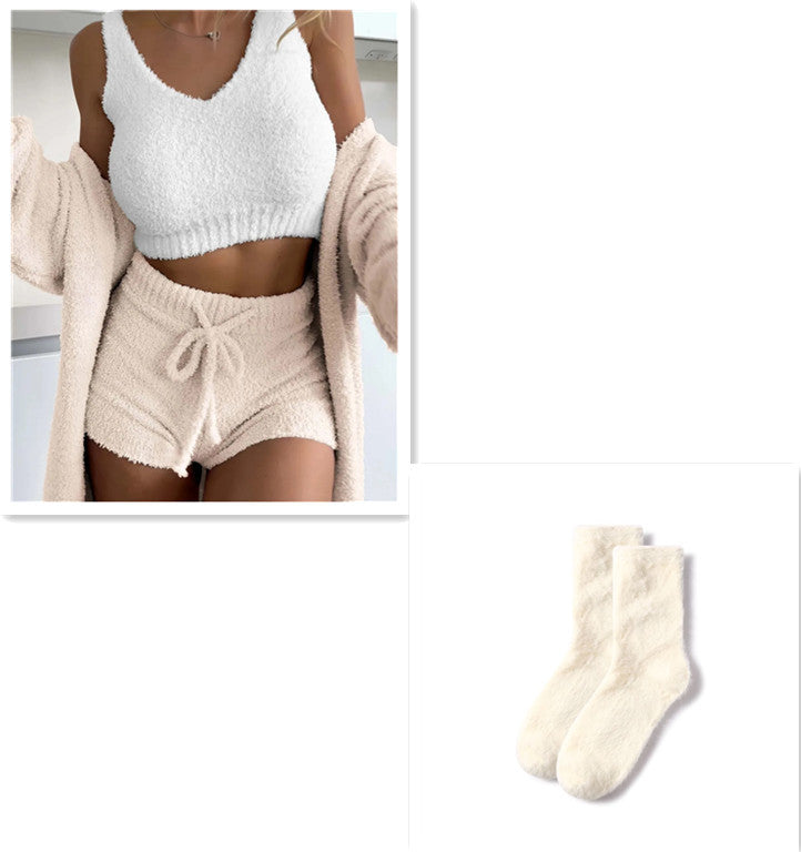 Infinity Beautiful 3-Piece Thermal Lounge Set – Fluffy Coat, Spaghetti Strap Top & Shorts - Infinity Beautiful Boutique