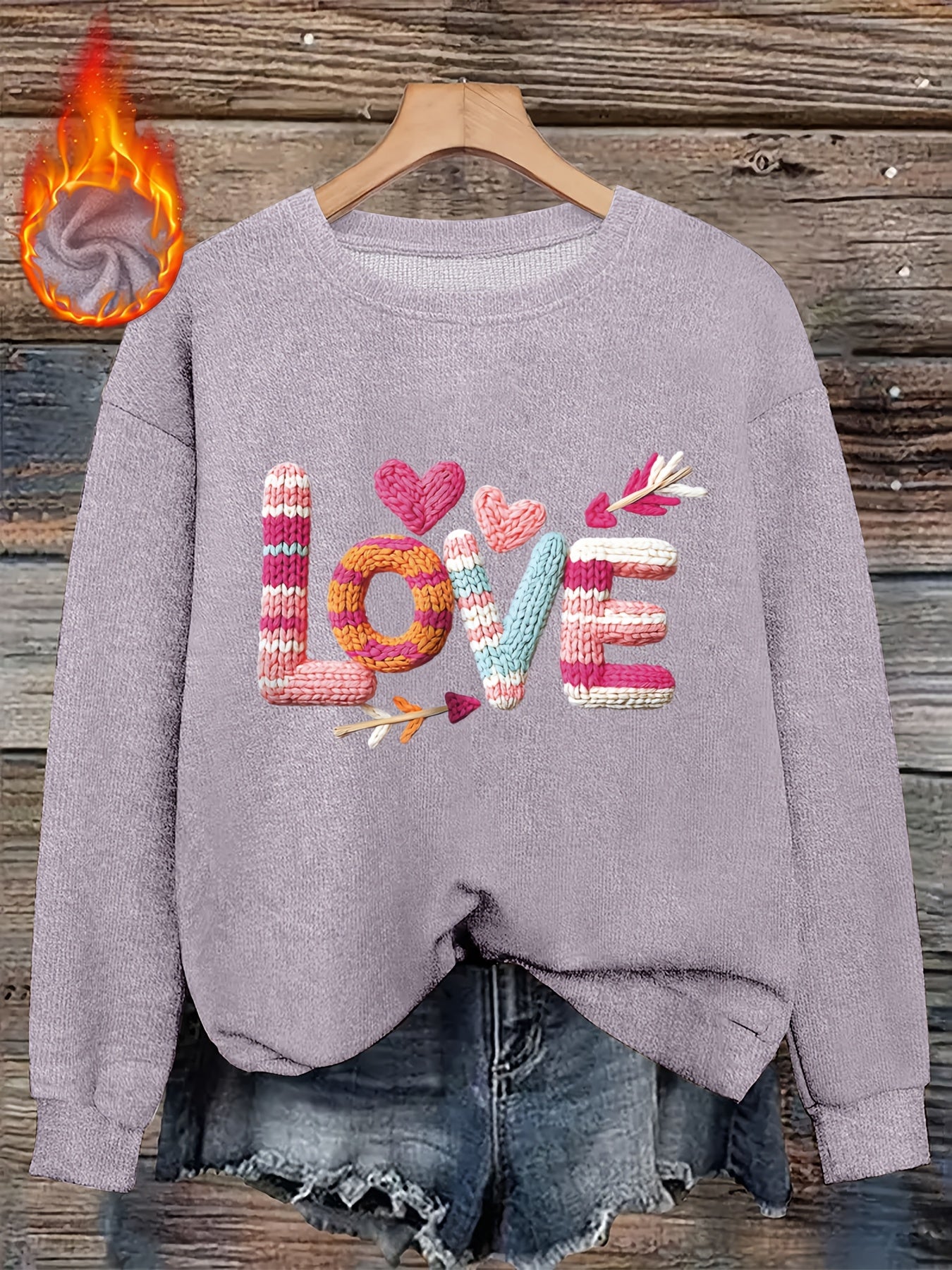 Women’s Heart Print Faux Fur Crew Neck Sweater