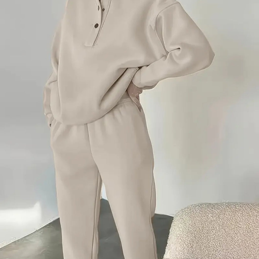 Women’s Beige Fleece-Lined Sweatshirt & Cuffed Pants Set for Fall & Winter
