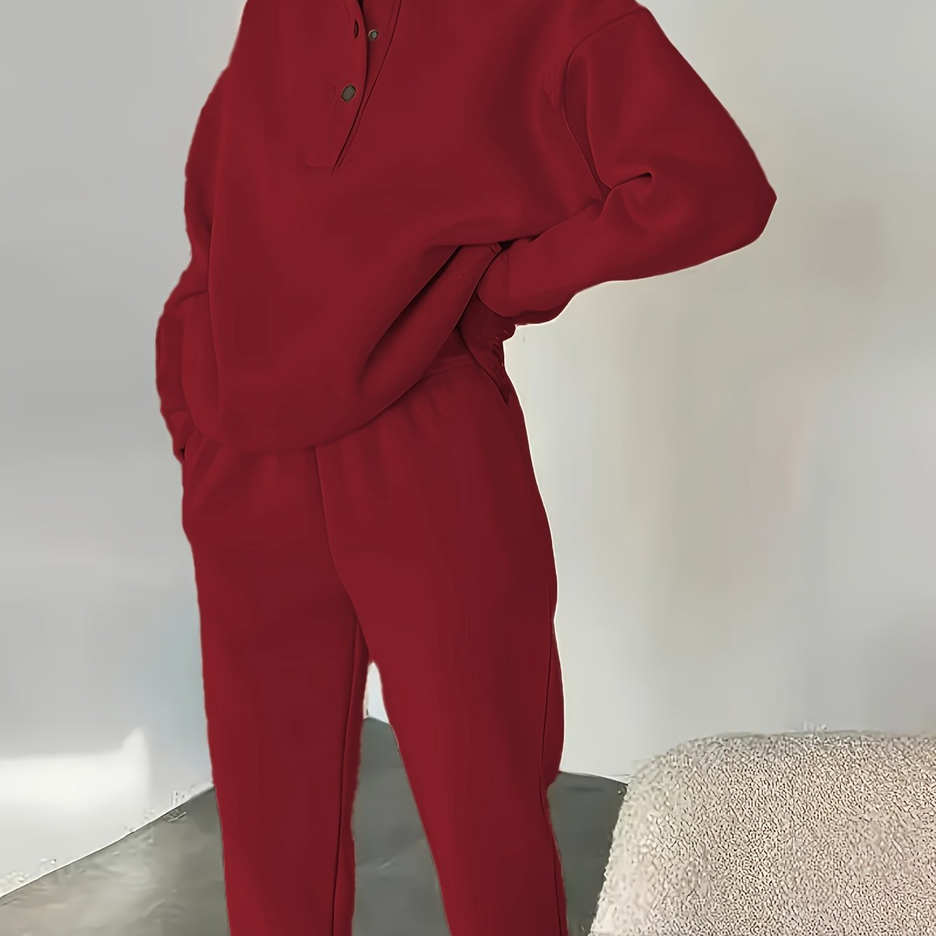 Women’s Beige Fleece-Lined Sweatshirt & Cuffed Pants Set for Fall & Winter