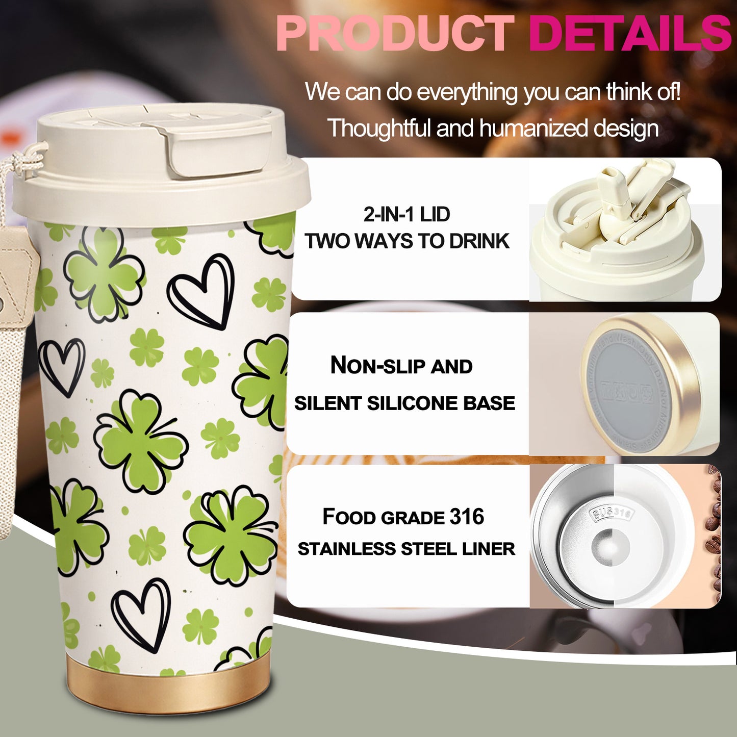Lucky Four-Leaf Clover Design Stainless Steel Insulated Cup
