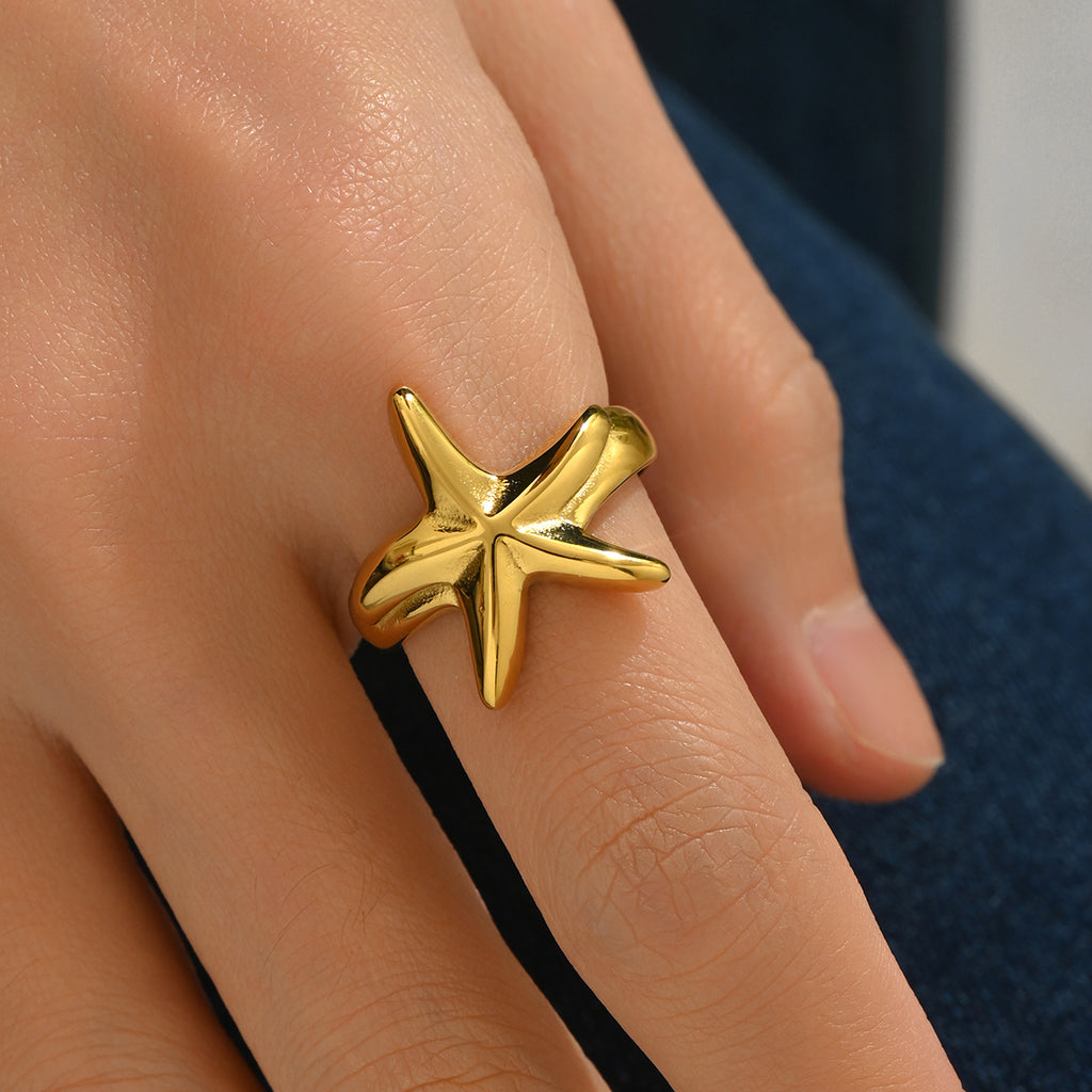 18K Gold-Plated Stainless Steel Starfish Ring – Minimalist Beach-Style