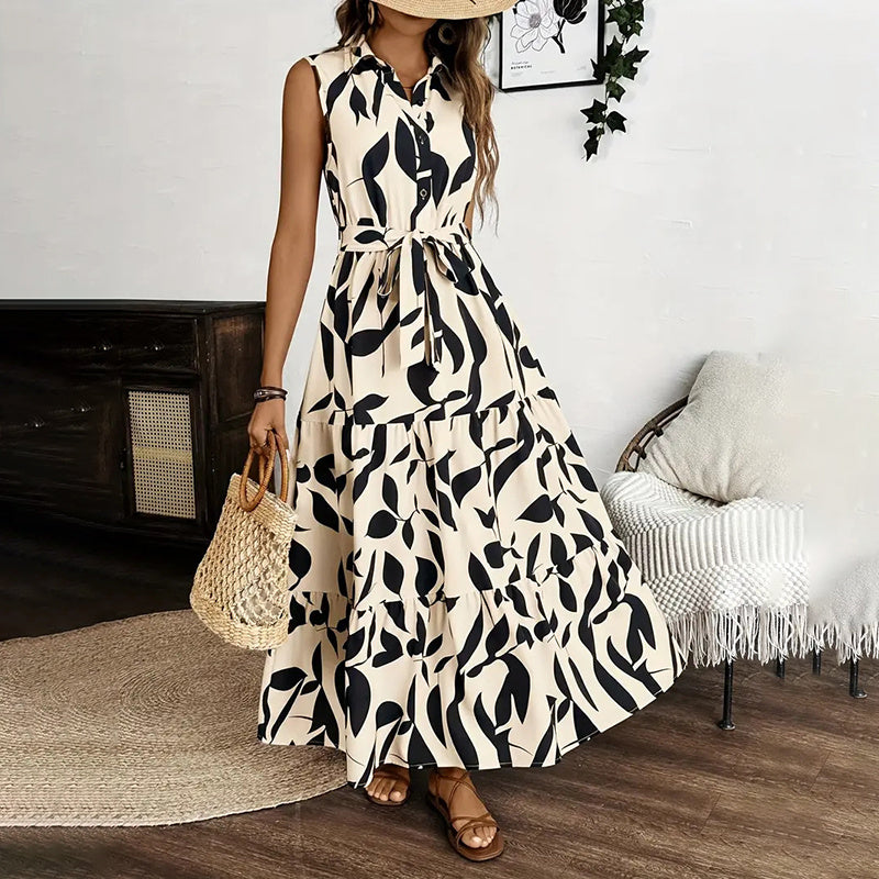 Infinity Beautiful Boho Breeze Maxi – Sleeveless Floral Dress with V-Neck, Button Front & Belted Waist