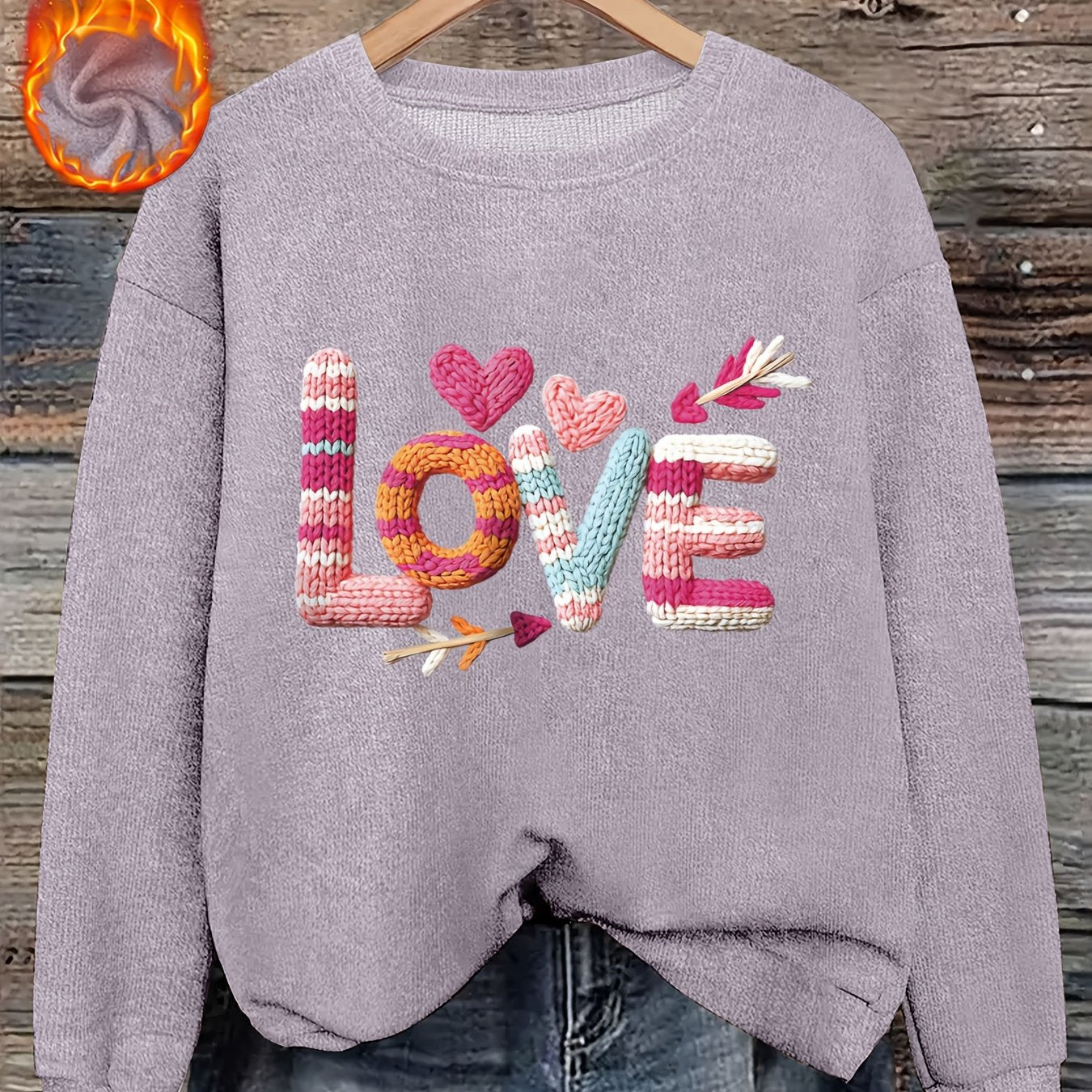 Women’s Heart Print Faux Fur Crew Neck Sweater