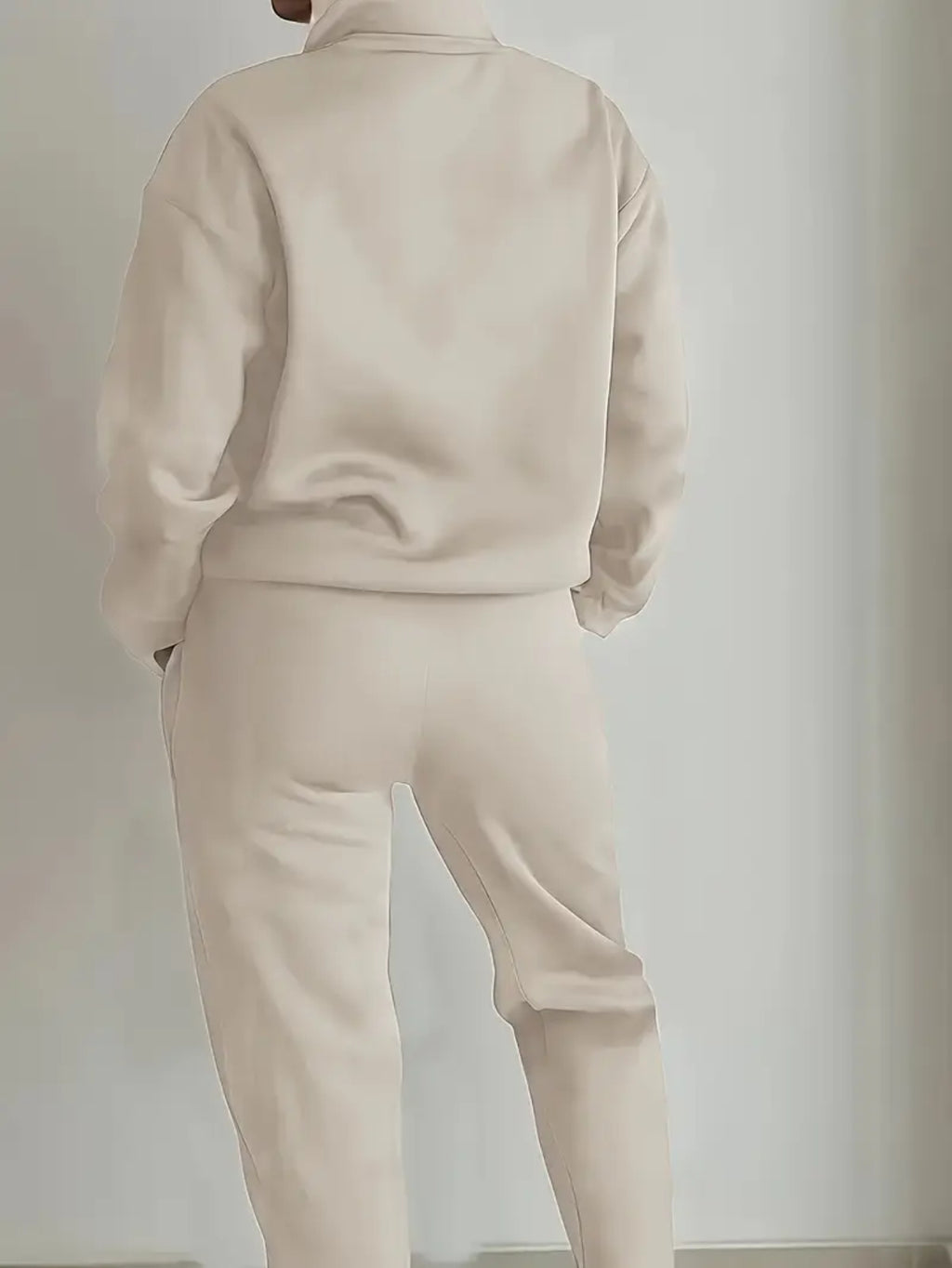 Women’s Beige Fleece-Lined Sweatshirt & Cuffed Pants Set for Fall & Winter