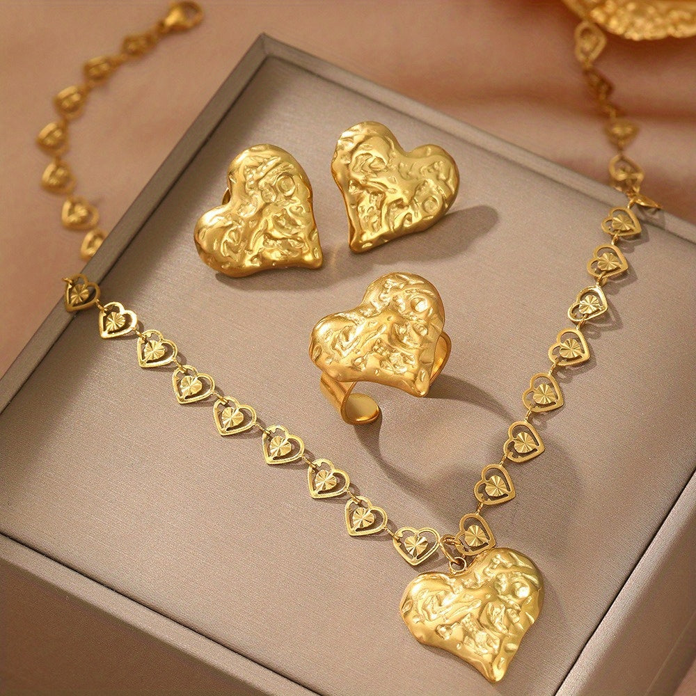 18K Gold Plated Stainless Steel Heart Jewelry Set – Earrings, Ring & Necklace