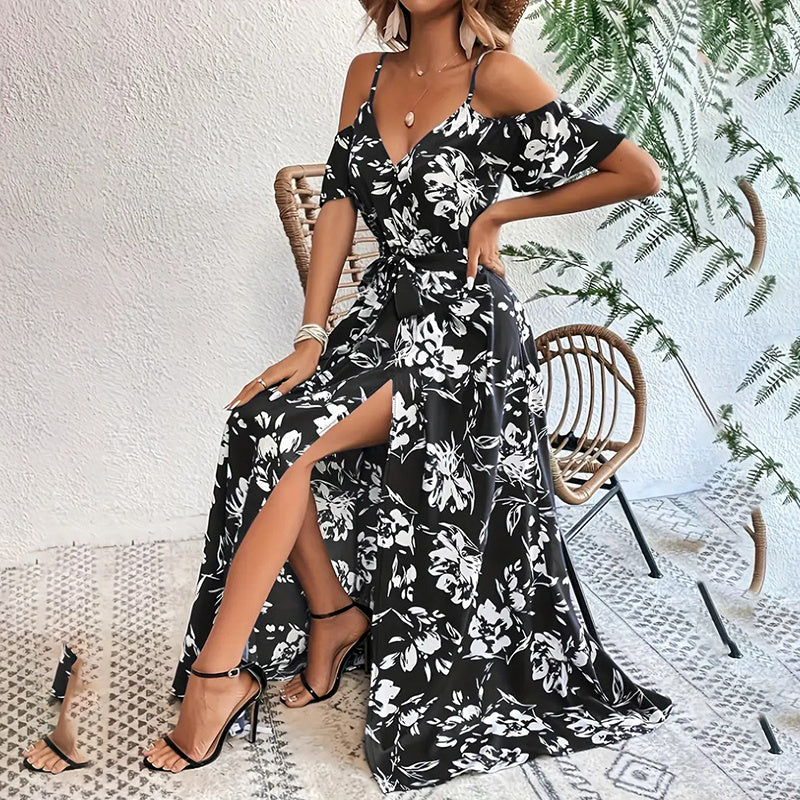 Infinity Beautiful Petal Whisper Maxi – Floral Cold Shoulder Dress with Flowy Slit and Cinched Waist