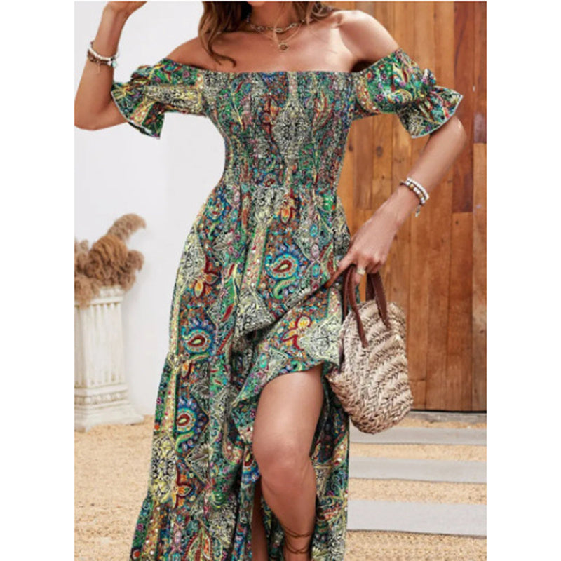 Women's Off The Shoulder Dresses Boho Flowy Smocked Maxi Sundress Beach Vacation Summer Dress - Infinity Beautiful Boutique
