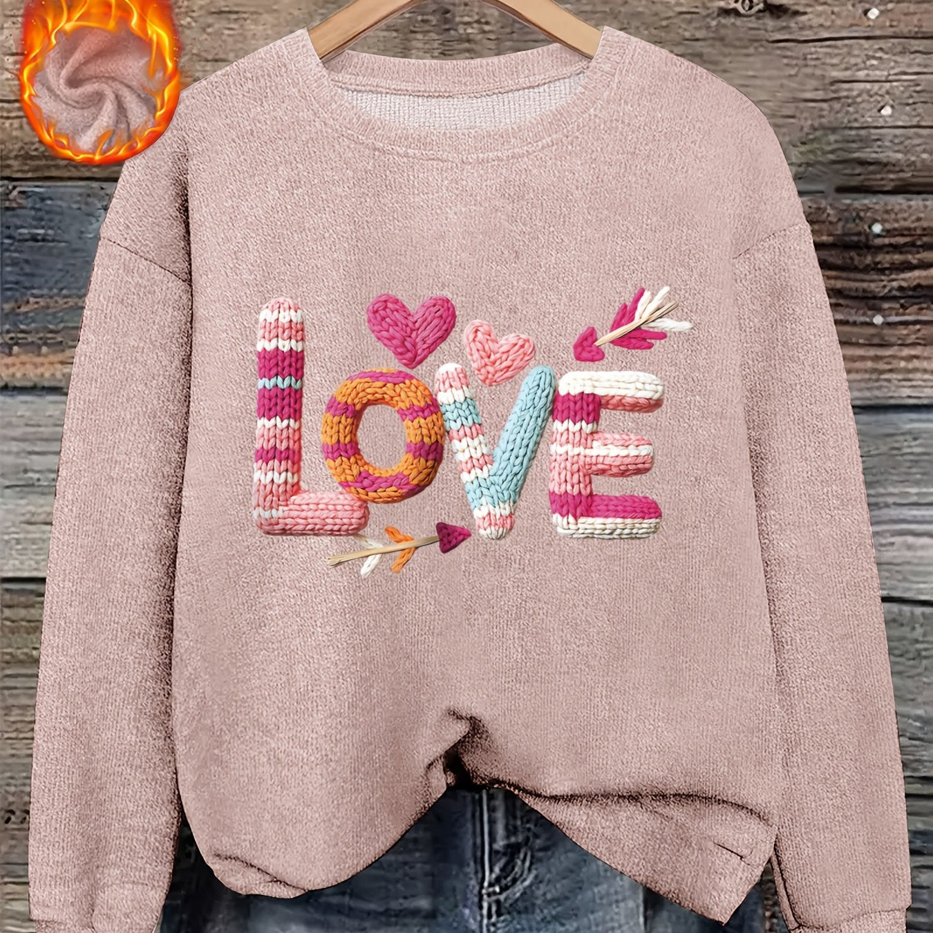 Women’s Heart Print Faux Fur Crew Neck Sweater