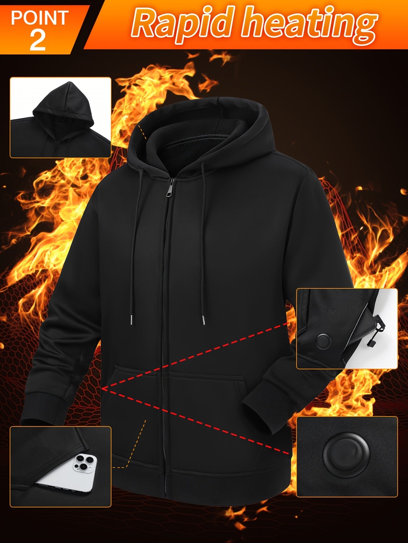 Men’s Heated Zip-Up Hoodie – 7 Heating Zones, Unisex Fit (Battery Not Included)