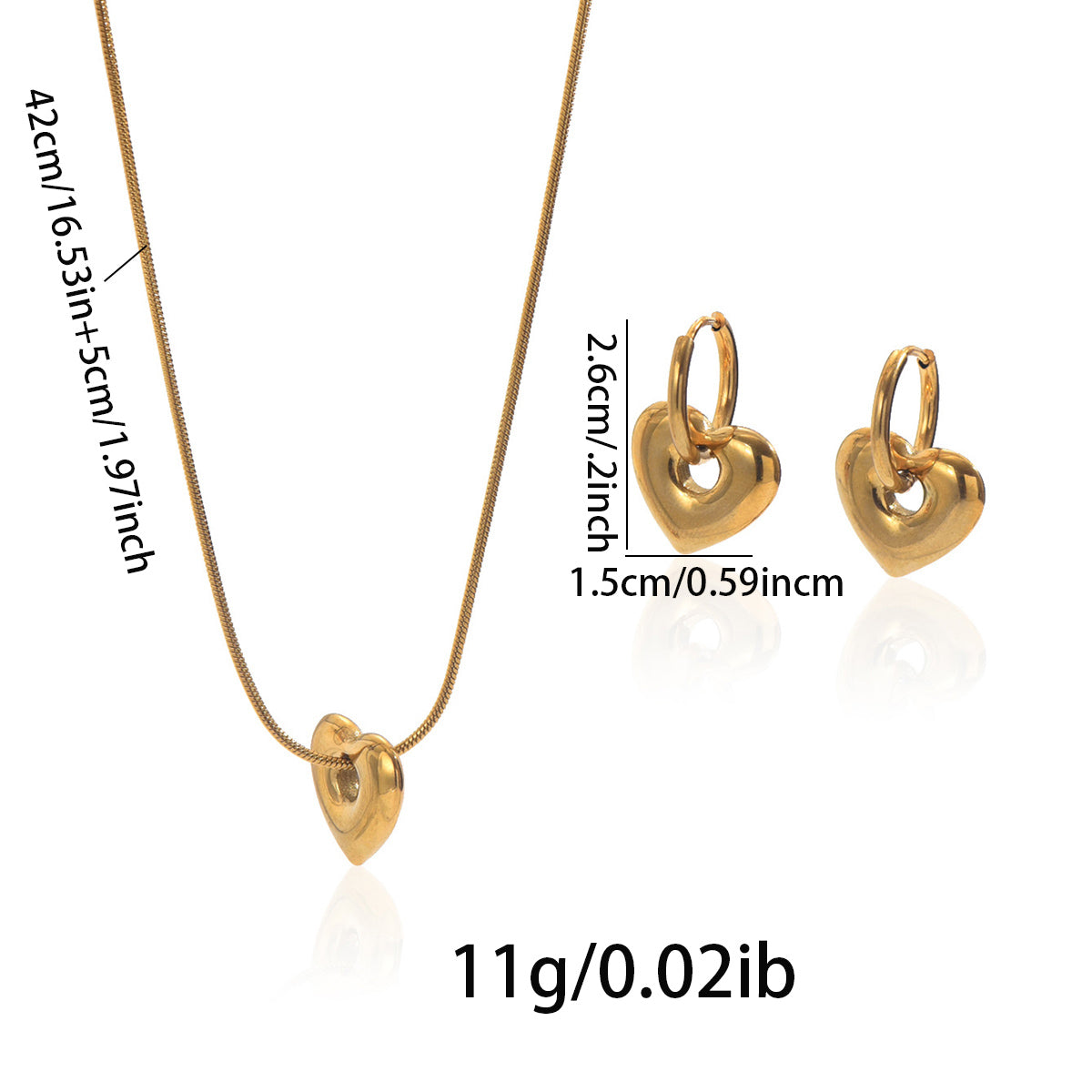 18K Gold-Plated Stainless Steel Heart Pendant Necklace & Hoop Earrings Set – Waterproof, Hypoallergenic Gift for Women