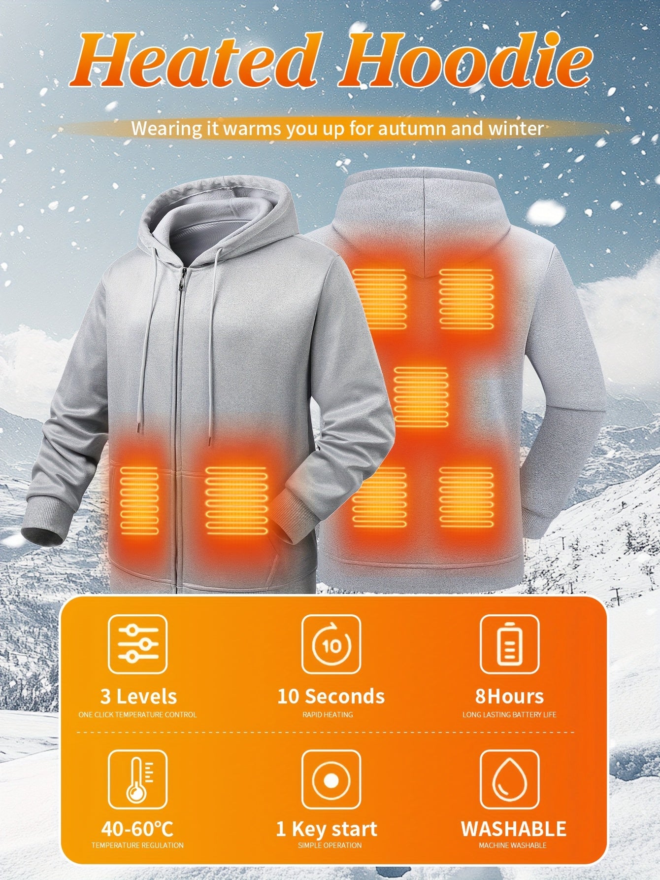 Men’s Heated Zip-Up Hoodie – 7 Heating Zones, Unisex Fit (Battery Not Included)