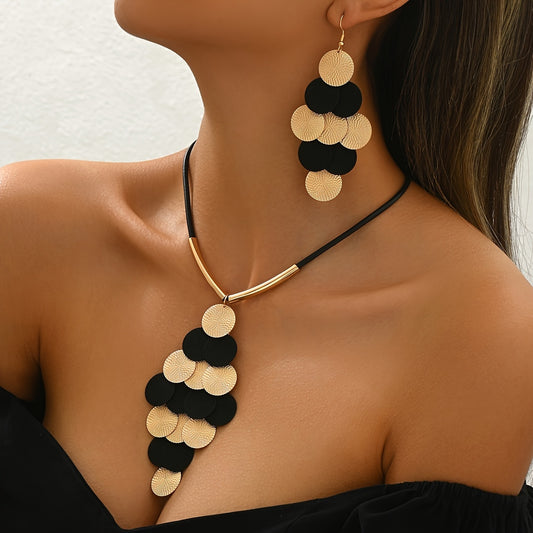 Lxalry 14K Gold   Black Gothic Jewelry Set Handmade Iron   Leather Necklace   Earrings Duo  Bold Oversized Pendant Gift For Everyday Edge  Evening Glamour - Infinity Beautiful Boutique
