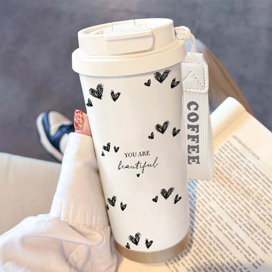Black Heart Insulated Travel Mug with Handle Strap