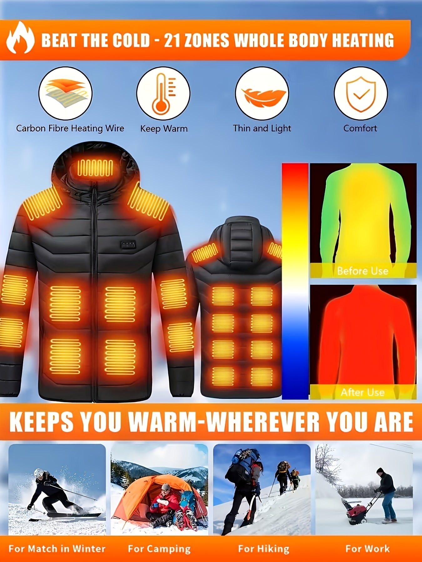 Heated Jacket with 21 Heating Zones – Unisex Winter Outdoor Jacket, 3 Heat Levels