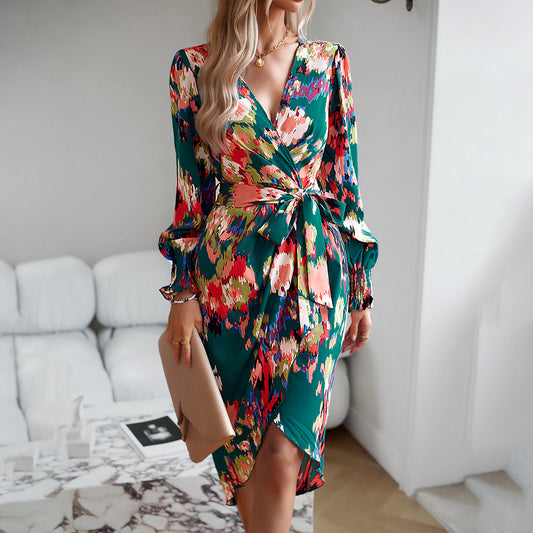 Printed Dress 2023 Autumn Winter Elegant V-neck Dress - Infinity Beautiful Boutique